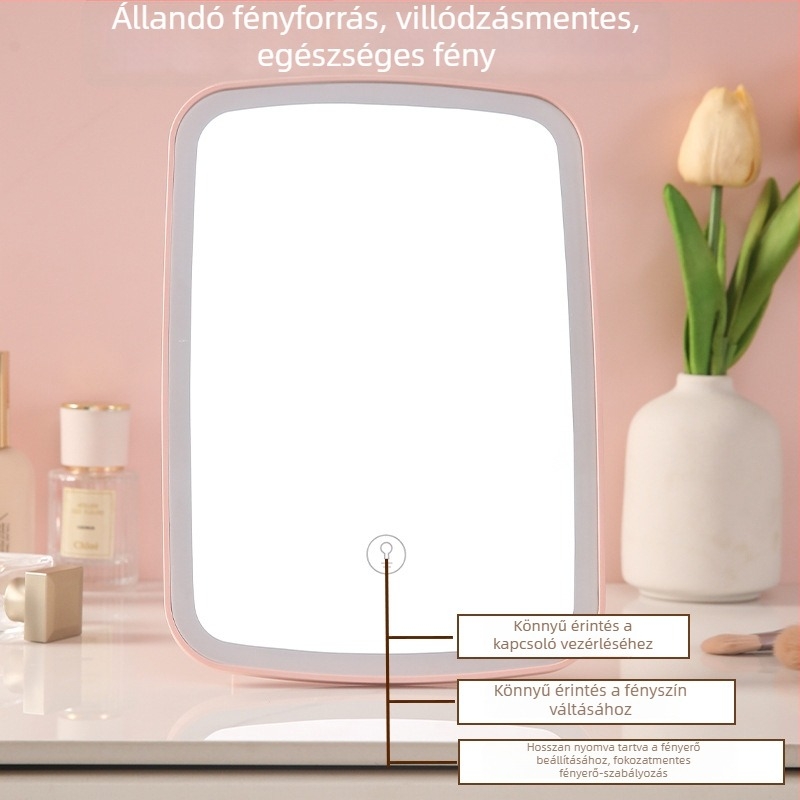 LED-es sminkpeili asztali tartóval, hordozható szépség tükör háromszínű LED világítással