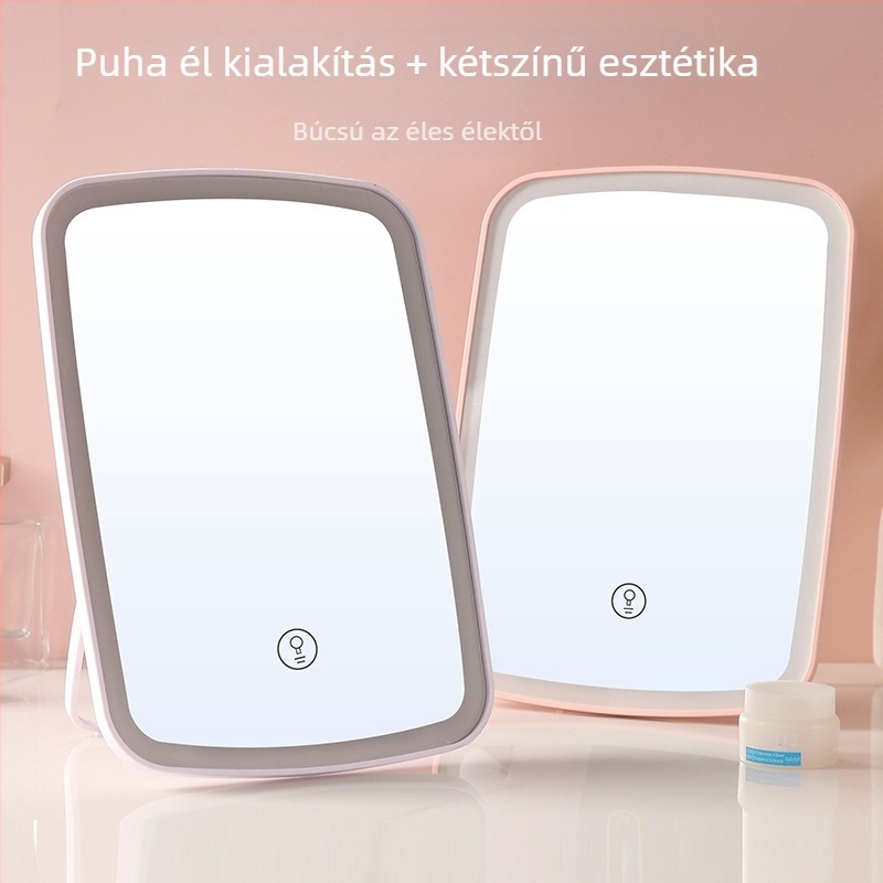 LED-es sminkpeili asztali tartóval, hordozható szépség tükör háromszínű LED világítással