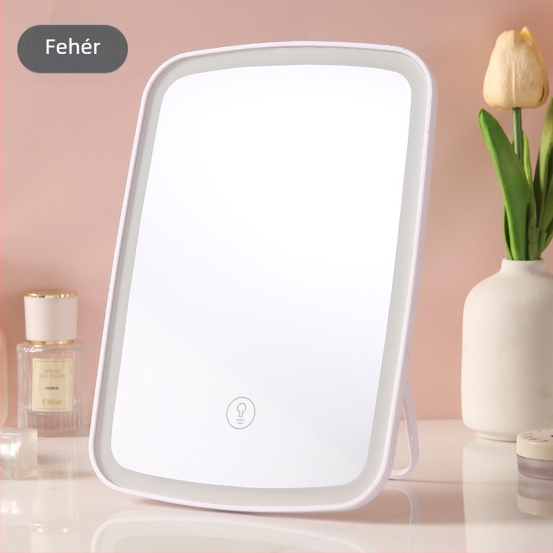 LED-es sminkpeili asztali tartóval, hordozható szépség tükör háromszínű LED világítással