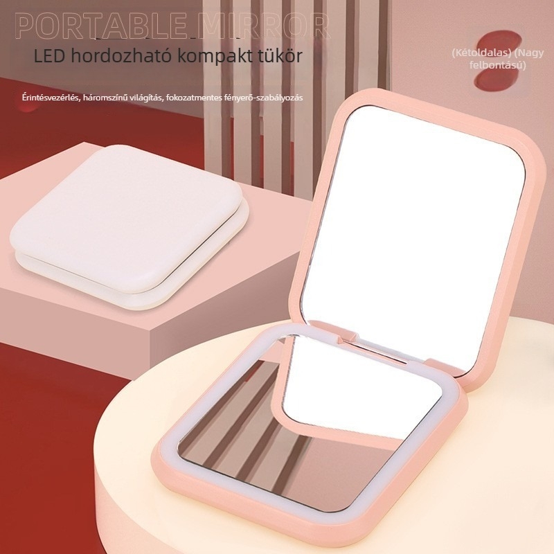 Mini LED négyzet alakú sminktükör lehajtható fedéllel, hordozható, világító.