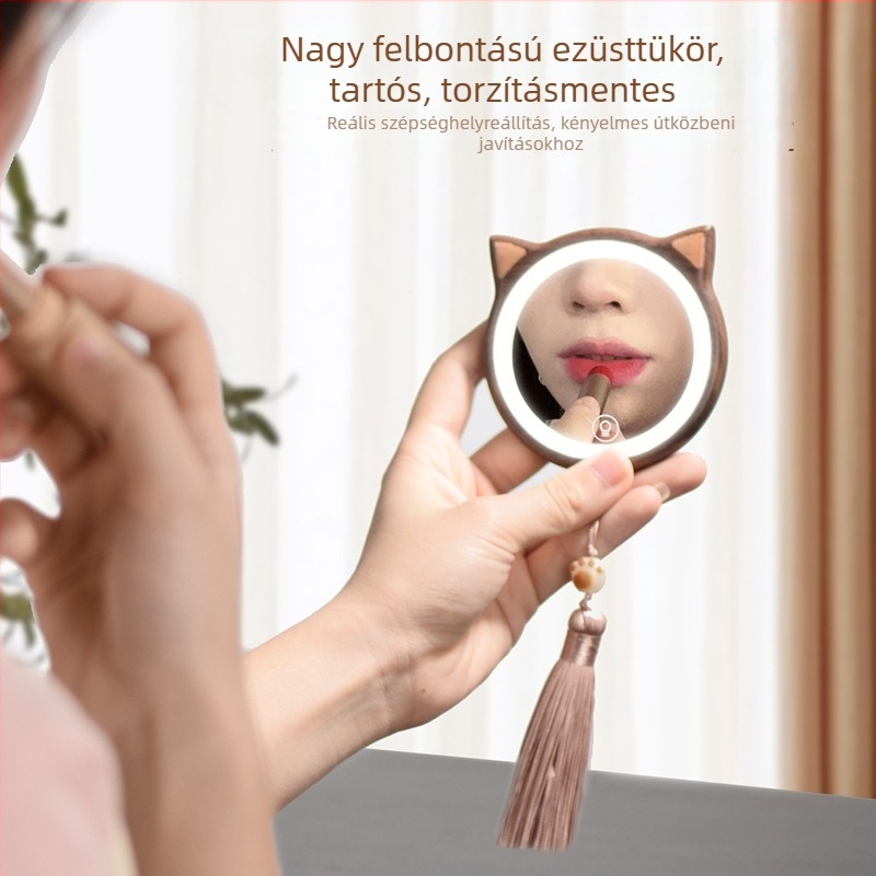 Macska alakú LED sminktükör diófából, hordozható fa sminktükör világítással