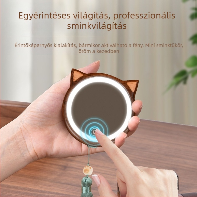 Macska alakú LED sminktükör diófából, hordozható fa sminktükör világítással