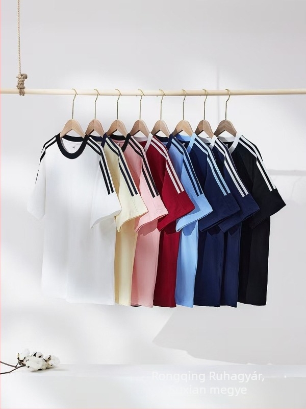 Férfi pamut T‑shirt 220 g, Amerikai klasszikus háromcsíkos, nyári casual, laza szabás, kerek nyak, rövid ujjú