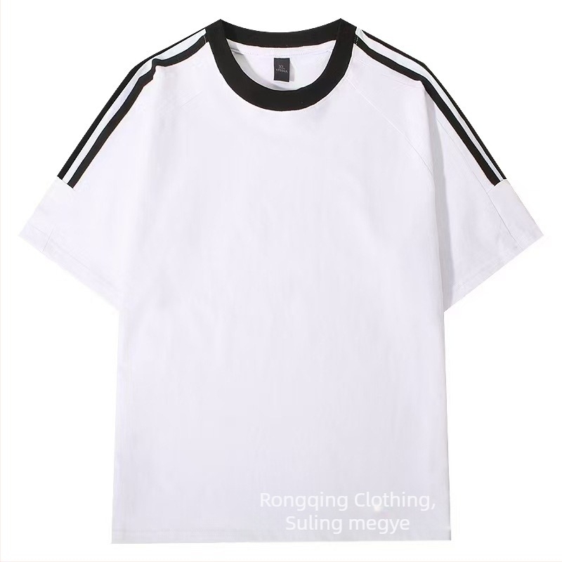 Férfi pamut T‑shirt 220 g, Amerikai klasszikus háromcsíkos, nyári casual, laza szabás, kerek nyak, rövid ujjú