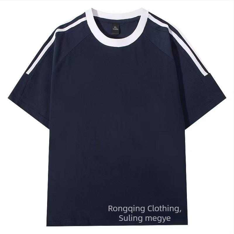 Férfi pamut T‑shirt 220 g, Amerikai klasszikus háromcsíkos, nyári casual, laza szabás, kerek nyak, rövid ujjú