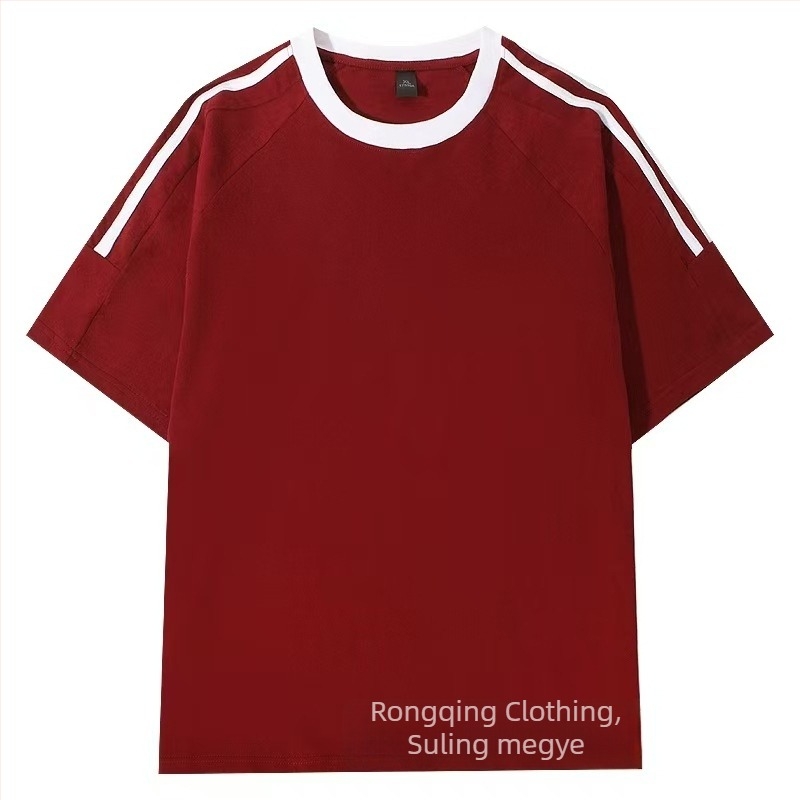 Férfi pamut T‑shirt 220 g, Amerikai klasszikus háromcsíkos, nyári casual, laza szabás, kerek nyak, rövid ujjú