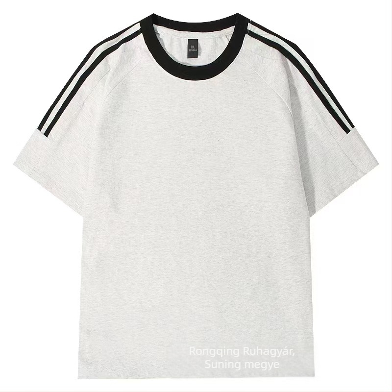 Férfi pamut T‑shirt 220 g, Amerikai klasszikus háromcsíkos, nyári casual, laza szabás, kerek nyak, rövid ujjú