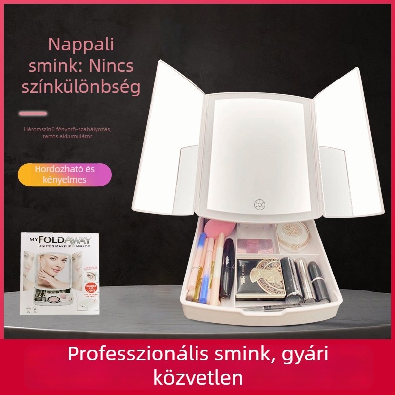LED sminktükör, összecsukható tárolóval, három ajtós szekrény, megvilágított sminktükör