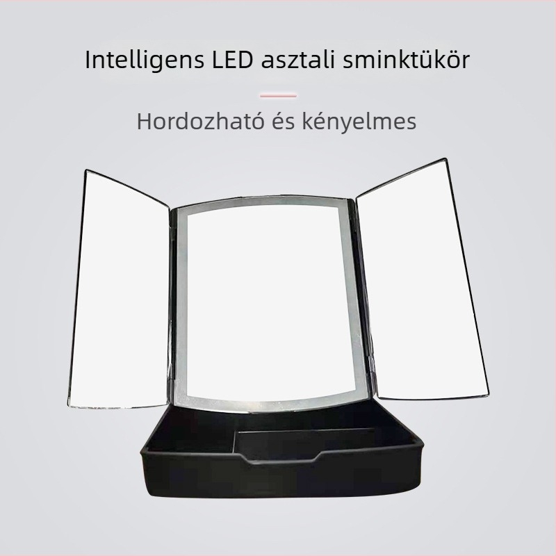LED sminktükör, összecsukható tárolóval, három ajtós szekrény, megvilágított sminktükör