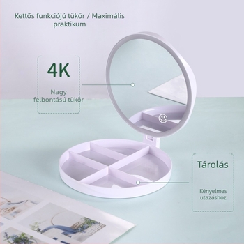 LED-es világítással rendelkező kompakt összecsukható sminktükör, kis kerek asztali tükör kollégiumi szobába