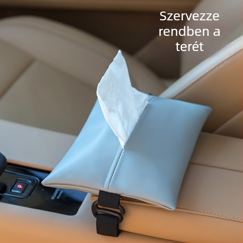 Bőr autózsebkendő tartó, üléshez rögzíthető, függő kivitel