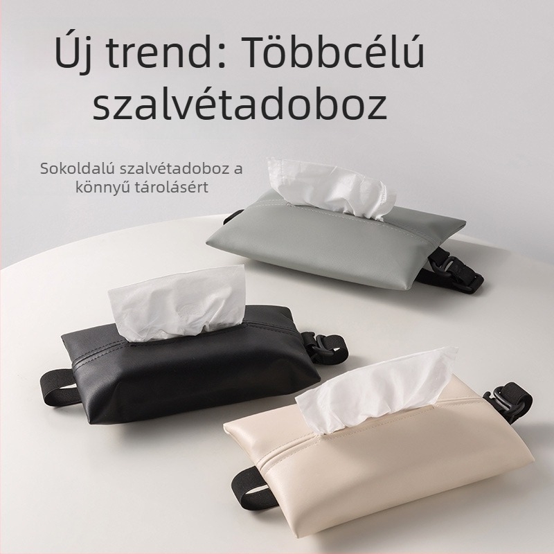Bőr autózsebkendő tartó, üléshez rögzíthető, függő kivitel