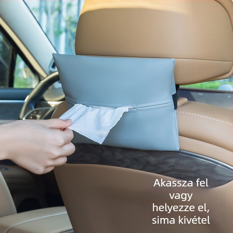 Bőr autózsebkendő tartó, üléshez rögzíthető, függő kivitel