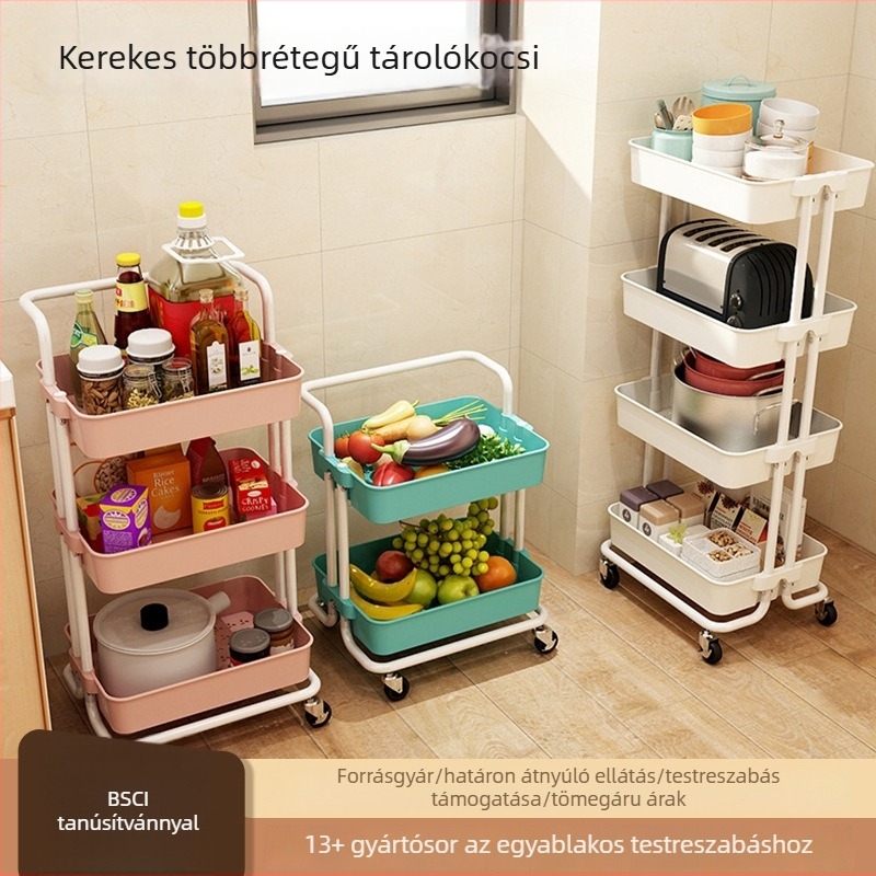 Otthoni mobil tárolóállvány kerekekkel, többemeletes konyha- és nappali tároló kocsi nassolnivalók és kisebb tárgyak tárolására