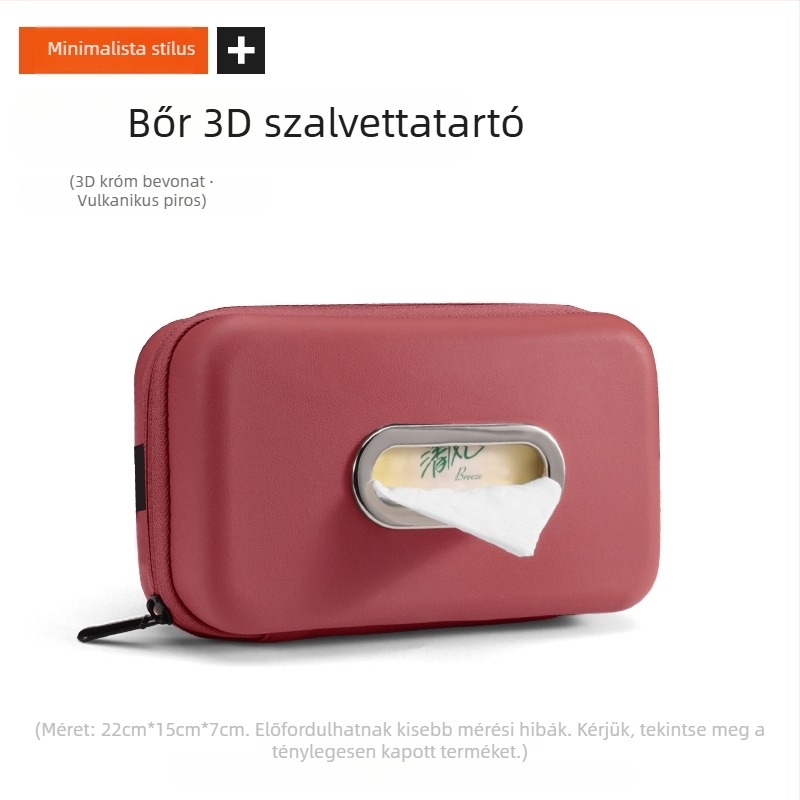 Bőr autóba szerelhető papírzsebkendő tartó, függőleges tároló, méretei 20×13×7 cm