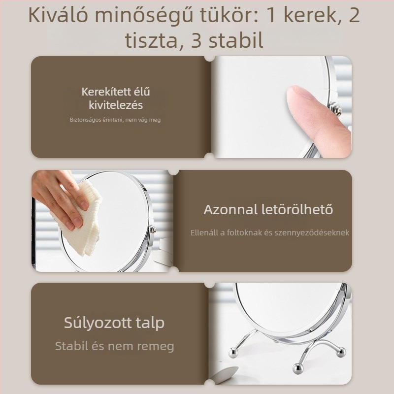 Asztali kétoldalas sminktükör, fém keret, 7–8 hüvelyk, hordozható kollégiumi szobához
