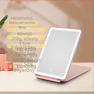 LED utazó sminktükör háromszínű fényvilágítással, hordozható, összecsukható asztali tükör