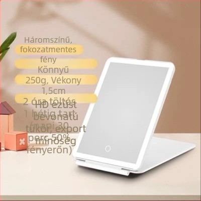 LED utazó sminktükör háromszínű fényvilágítással, hordozható, összecsukható asztali tükör