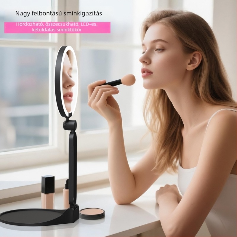 Testreszabható hordozható összecsukható LED kétoldalas sminktükör utazáshoz, kompakt világító kozmetikai tükör, 13.5 x 13.5 x 23 cm