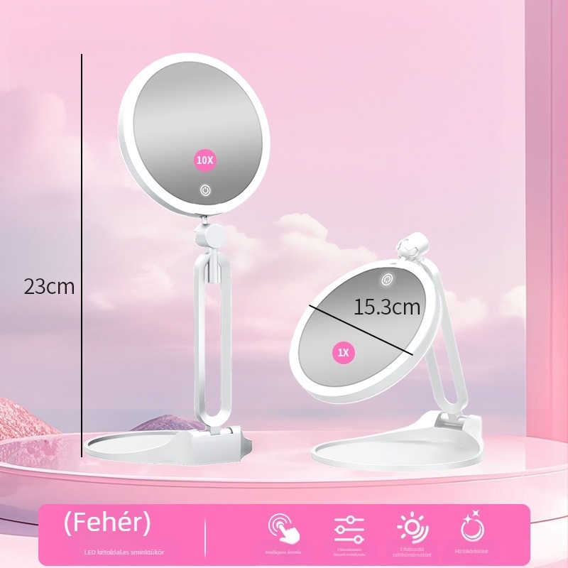 Testreszabható hordozható összecsukható LED kétoldalas sminktükör utazáshoz, kompakt világító kozmetikai tükör, 13.5 x 13.5 x 23 cm