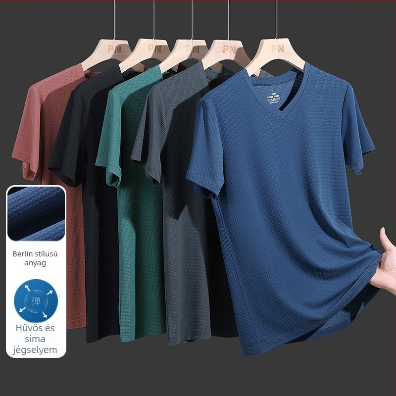 Femberney férfi plusz méretű rövid ujjú Ice Silk póló, 5XL–9XL, V-nyak, nyári lazább viselet