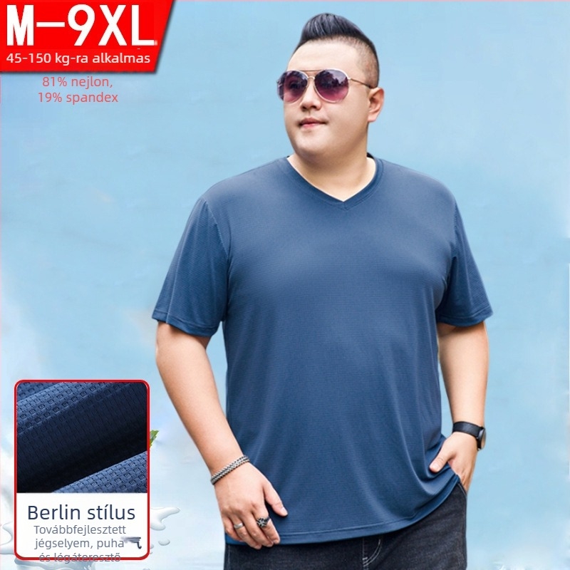Femberney férfi plusz méretű rövid ujjú Ice Silk póló, 5XL–9XL, V-nyak, nyári lazább viselet