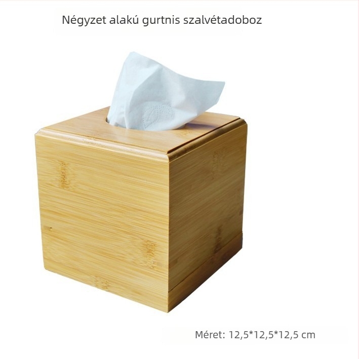 Bambusz zsebkendőtartó, négyszögletes alakú, lézergravírozott, nappaliba és fürdőszobába