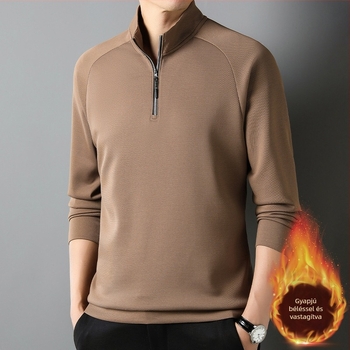 Férfi fleece-tel bélelt cipzáros pulóver, álló gallér, hosszú ujjú, laza szabás, egyszínű téli darab