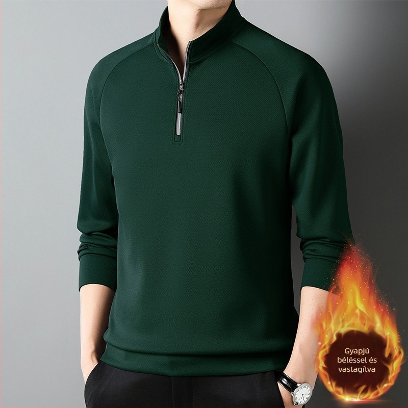 Férfi fleece-tel bélelt cipzáros pulóver, álló gallér, hosszú ujjú, laza szabás, egyszínű téli darab