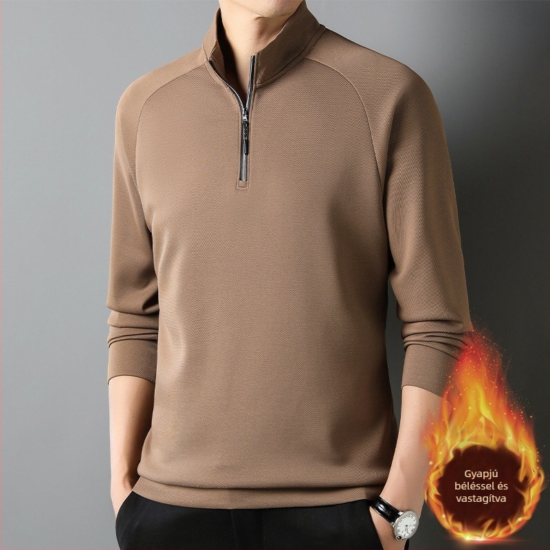 Férfi fleece-tel bélelt cipzáros pulóver, álló gallér, hosszú ujjú, laza szabás, egyszínű téli darab