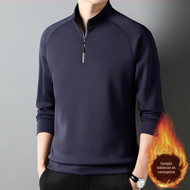 Férfi fleece-tel bélelt cipzáros pulóver, álló gallér, hosszú ujjú, laza szabás, egyszínű téli darab
