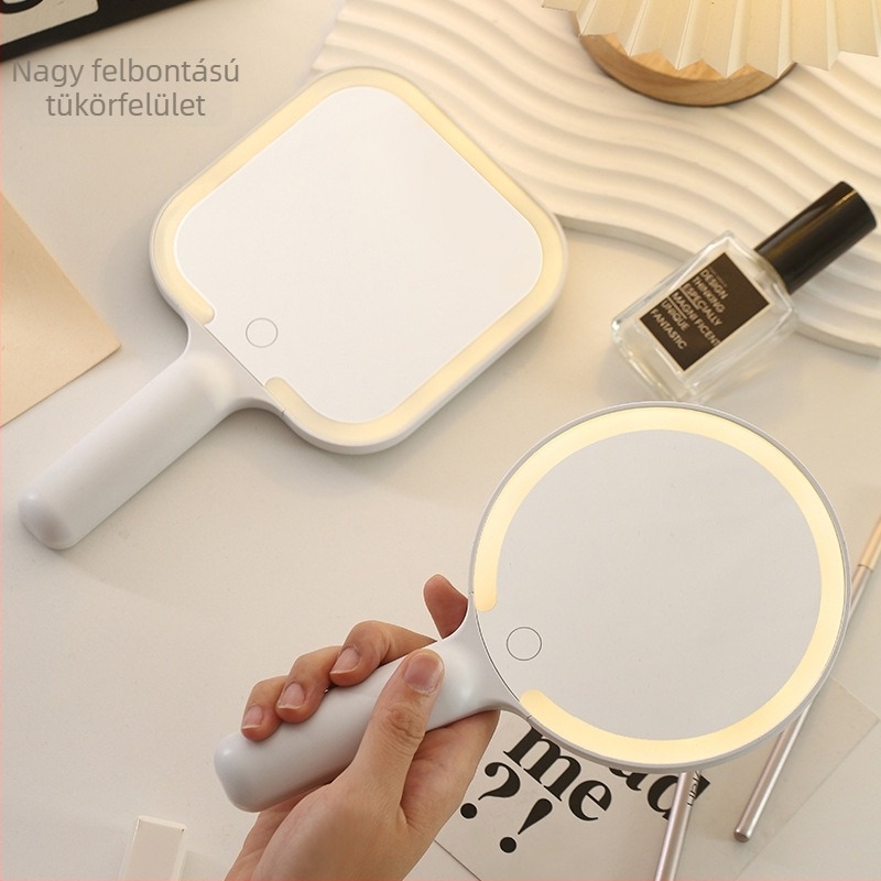LED kézi sminktükör világítással, kétoldalas, USB töltés, érintéses fényerő-szabályozás