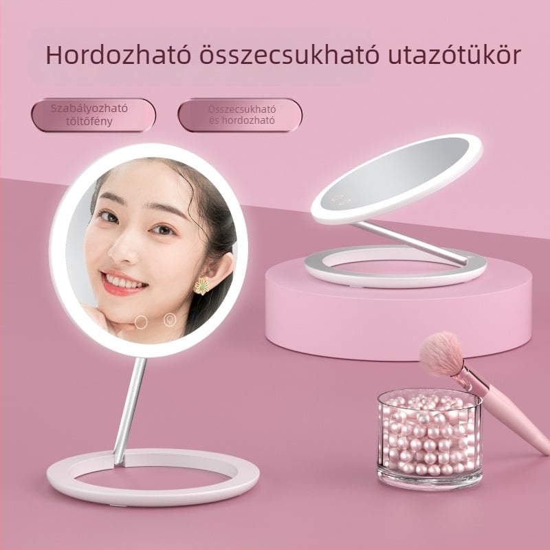 Asztali összecsukható LED sminktükör háromszínű világítással és mágneses kapcsolóval, hordozható tárolóval