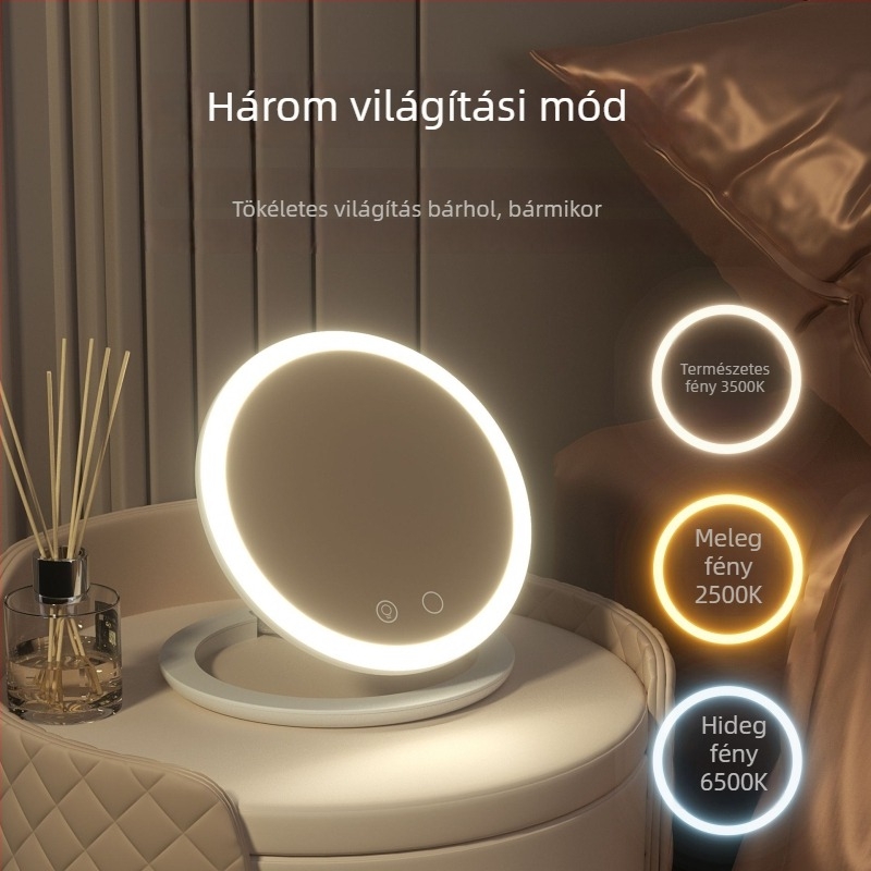 Asztali összecsukható LED sminktükör háromszínű világítással és mágneses kapcsolóval, hordozható tárolóval