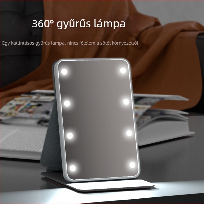 LED sminktükör asztali és hordozható kivitelben, bőrtokkal, összecsukható kézitükör, kompakt méret 116 × 73 × 15 mm