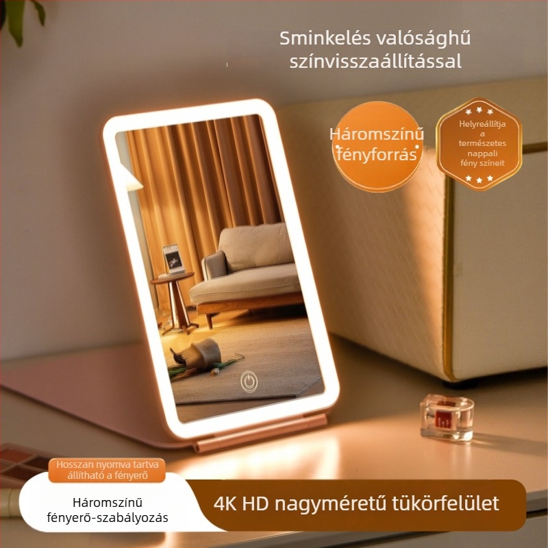 LED sminktükör világítással, háromszínű világítási módok, összecsukható, hordozható, 4K HD asztali tükör