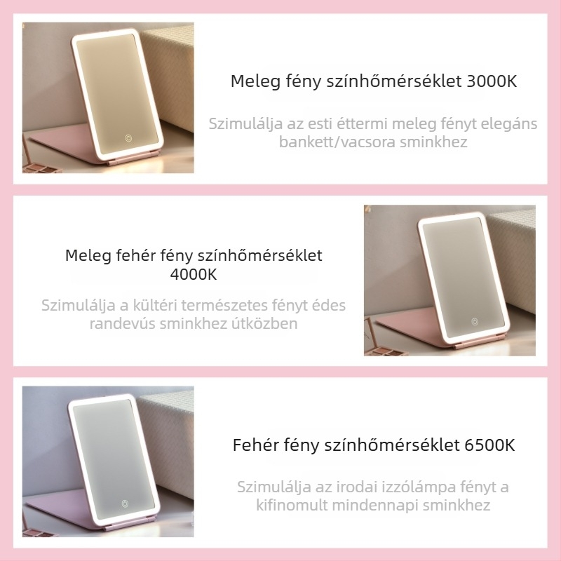 LED sminktükör világítással, háromszínű világítási módok, összecsukható, hordozható, 4K HD asztali tükör