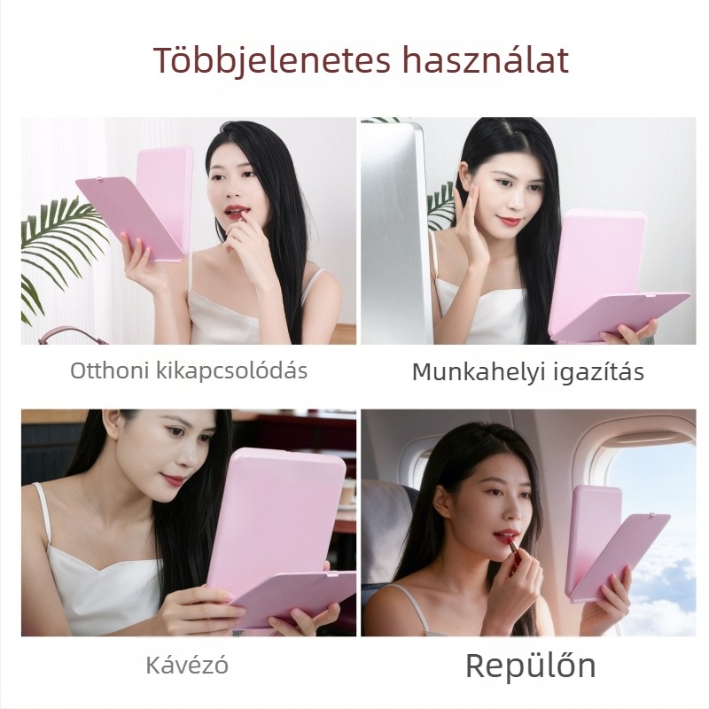 LED sminktükör világítással, háromszínű világítási módok, összecsukható, hordozható, 4K HD asztali tükör