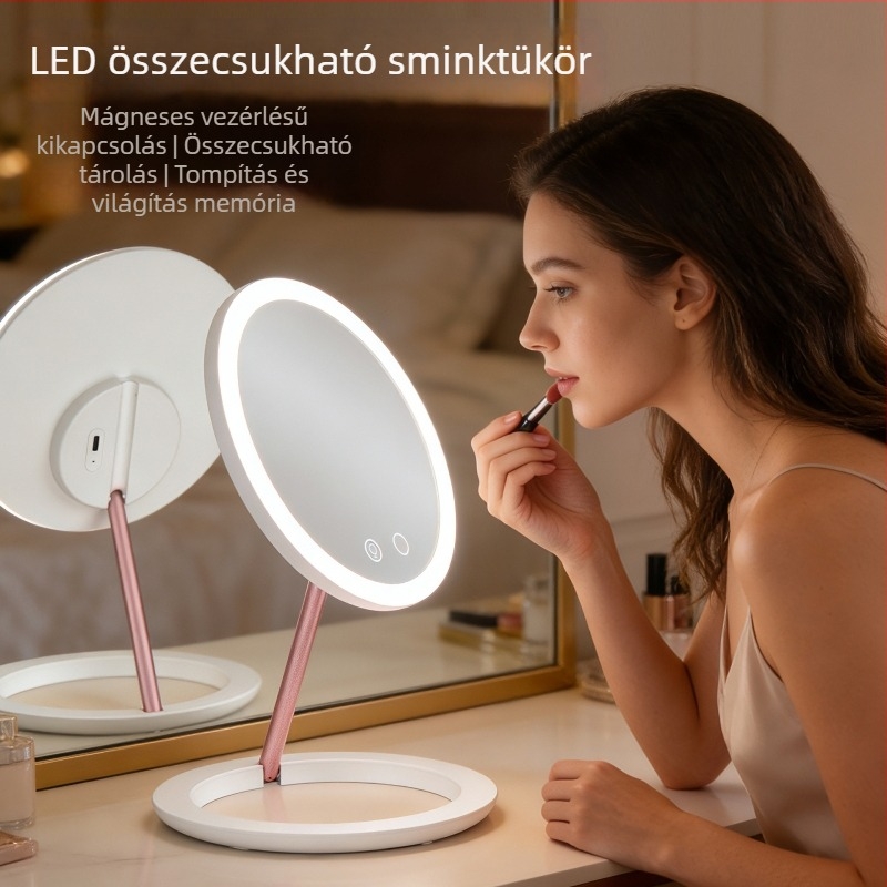 Összecsukható, hordozható LED sminktükör világítással, testreszabható logóval, állítható dőlésű utazási tükör