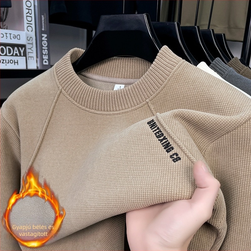 Férfi vastag fleece-betétes pulóver-sweatshirt koreai stílusú hímzéssel, hosszú ujjú, kerek nyak, őszi-téli meleg.