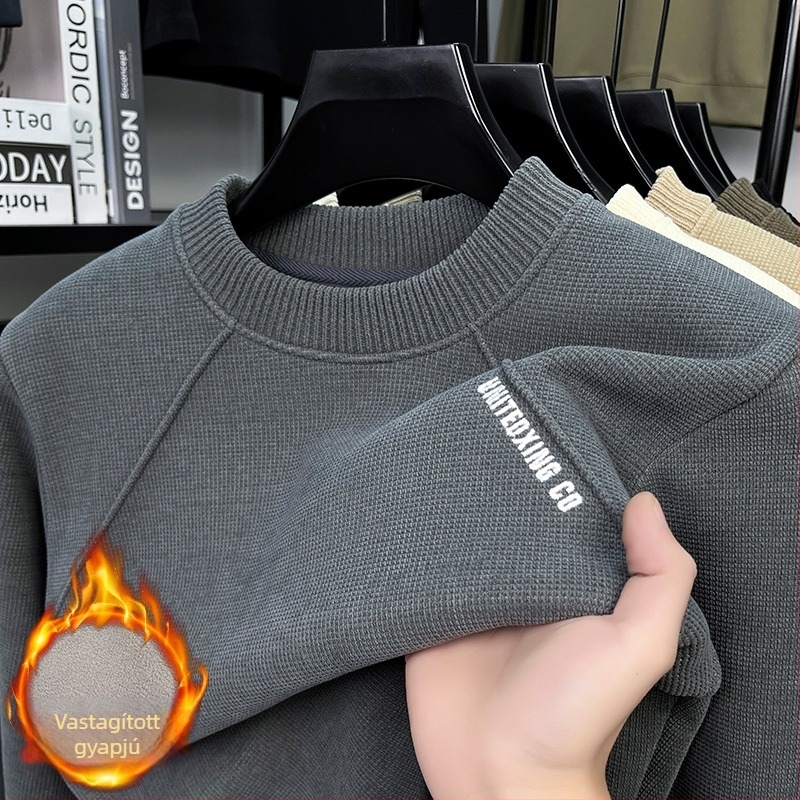 Férfi vastag fleece-betétes pulóver-sweatshirt koreai stílusú hímzéssel, hosszú ujjú, kerek nyak, őszi-téli meleg.