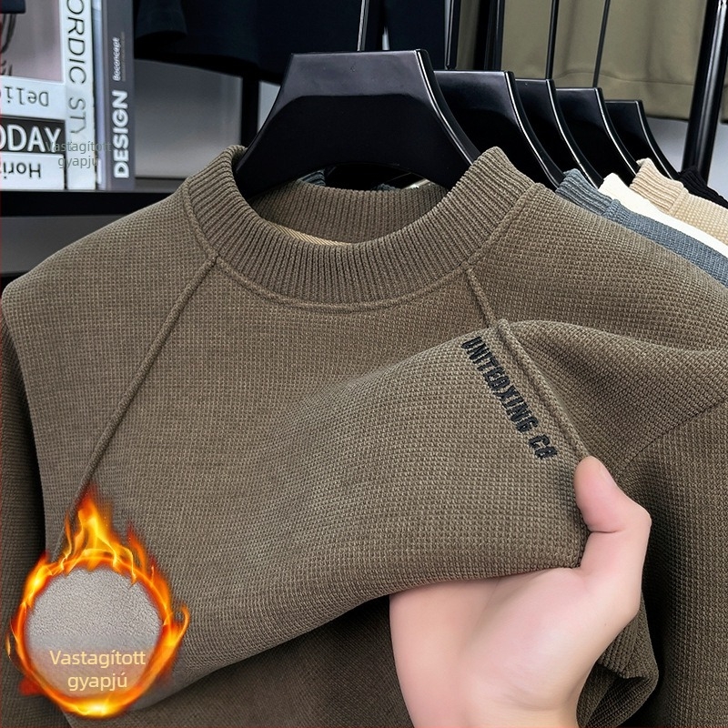 Férfi vastag fleece-betétes pulóver-sweatshirt koreai stílusú hímzéssel, hosszú ujjú, kerek nyak, őszi-téli meleg.