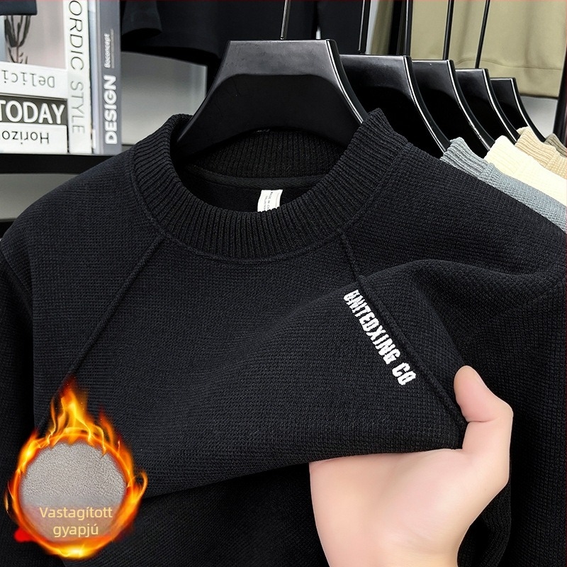 Férfi vastag fleece-betétes pulóver-sweatshirt koreai stílusú hímzéssel, hosszú ujjú, kerek nyak, őszi-téli meleg.
