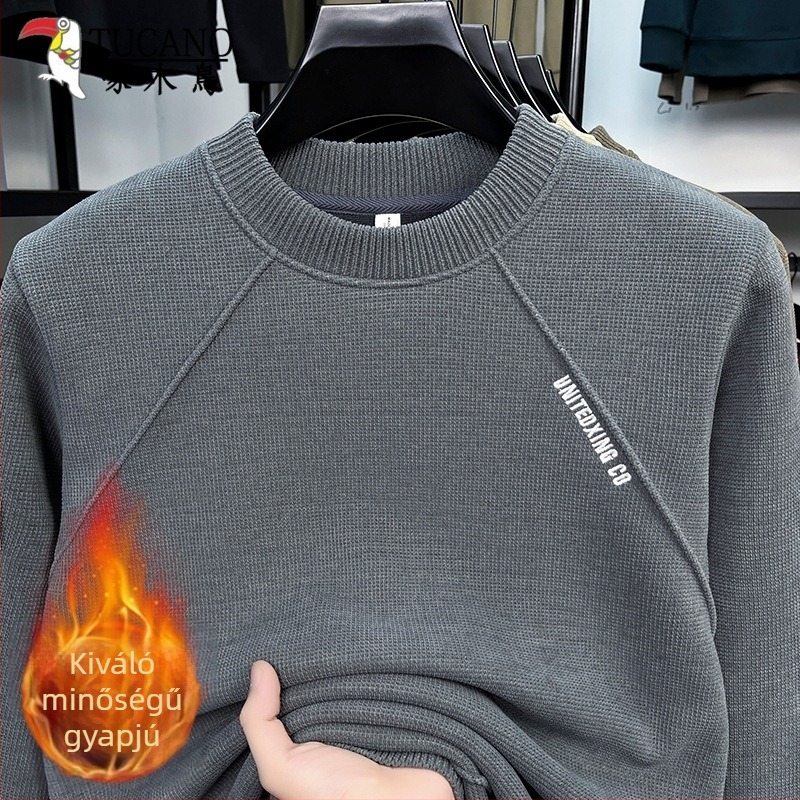 Férfi vastag fleece-betétes pulóver-sweatshirt koreai stílusú hímzéssel, hosszú ujjú, kerek nyak, őszi-téli meleg.