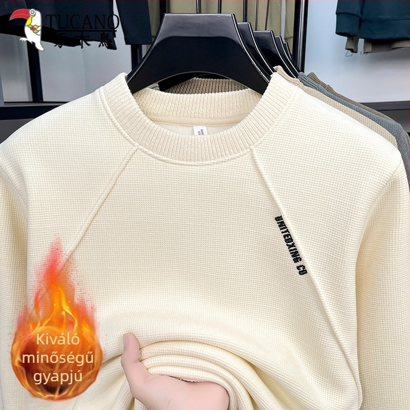 Férfi vastag fleece-betétes pulóver-sweatshirt koreai stílusú hímzéssel, hosszú ujjú, kerek nyak, őszi-téli meleg.