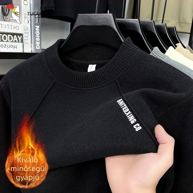 Férfi vastag fleece-betétes pulóver-sweatshirt koreai stílusú hímzéssel, hosszú ujjú, kerek nyak, őszi-téli meleg.