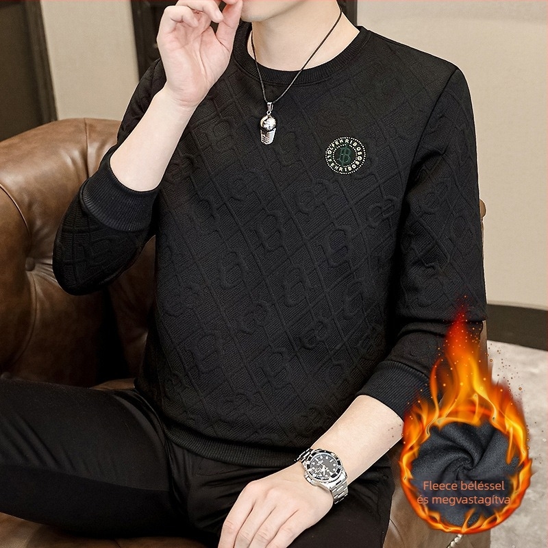 Férfi fleece-béléssel ellátott pulóver, hosszú ujjú, gallér nélküli, karcsú fazon, őszi-téli szezonra