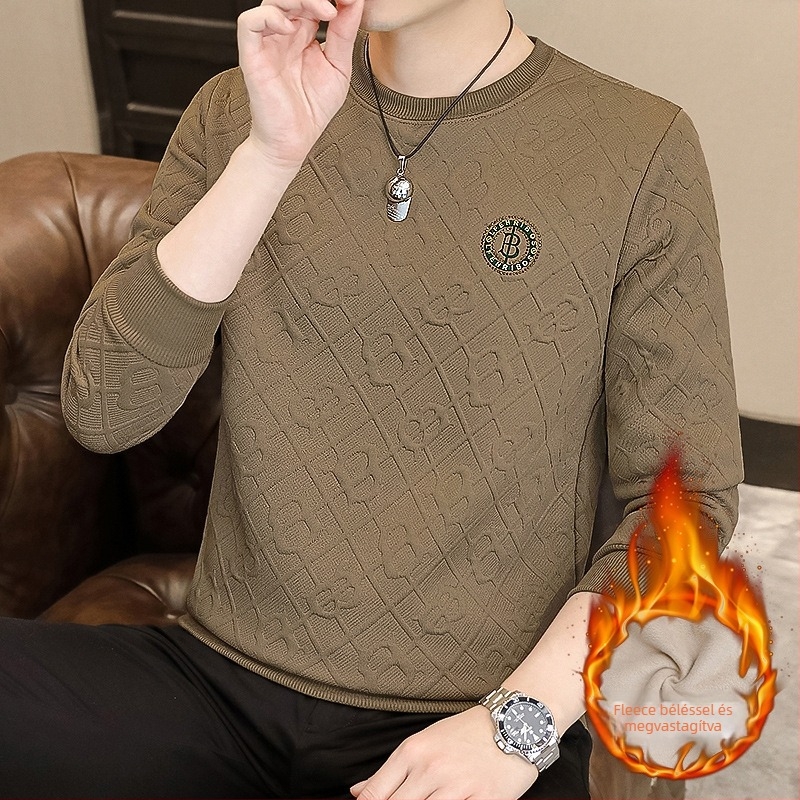 Férfi fleece-béléssel ellátott pulóver, hosszú ujjú, gallér nélküli, karcsú fazon, őszi-téli szezonra