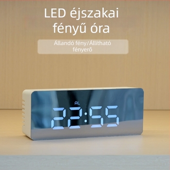 Multifunkcionális LED tükrös digitális ébresztőóra — ébresztő, hőmérő és naptár, asztali modell, hálózatról vagy akkumulátorról működik