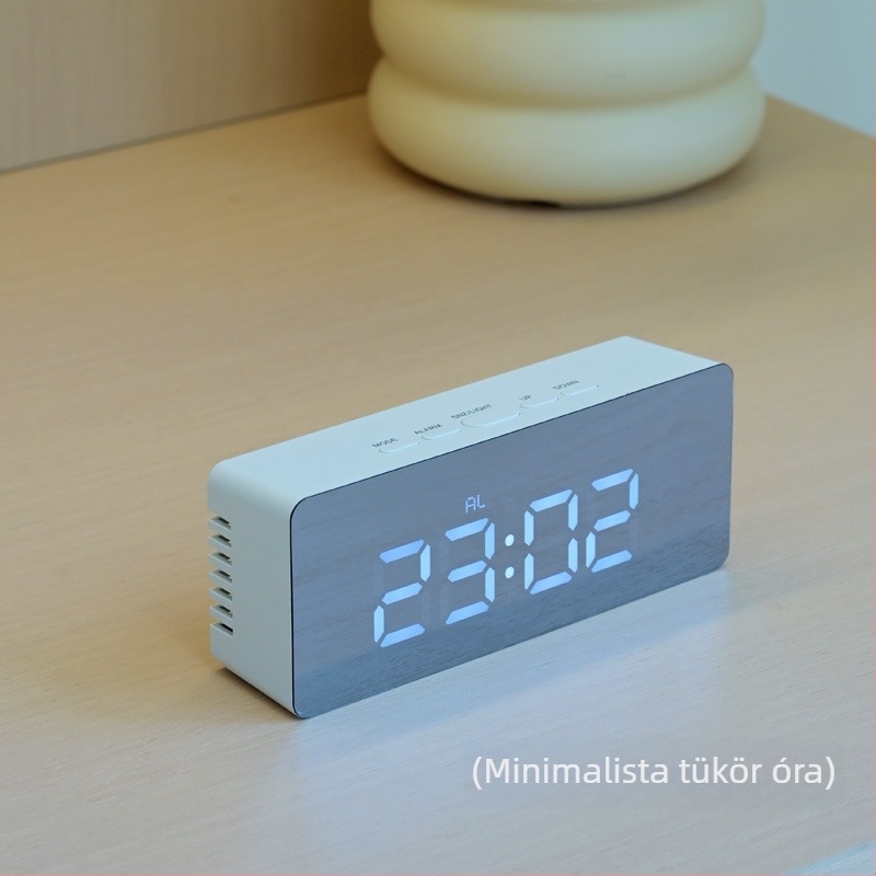 Multifunkcionális LED tükrös digitális ébresztőóra — ébresztő, hőmérő és naptár, asztali modell, hálózatról vagy akkumulátorról működik